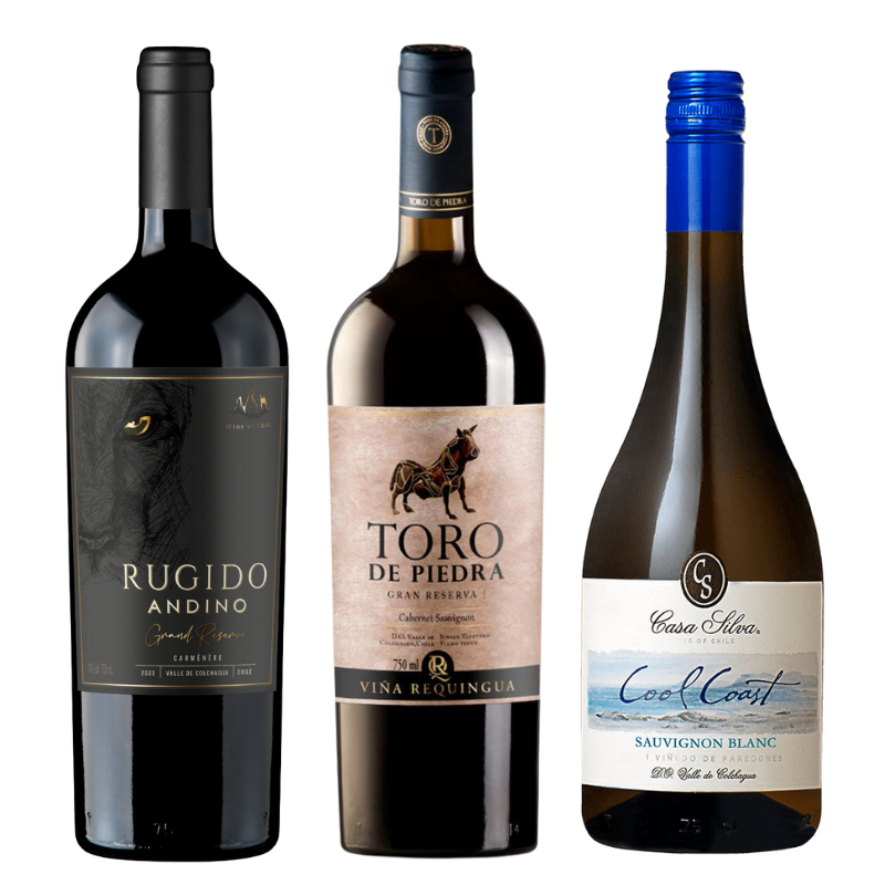 Pack Capas: Rugido Andino Carmenere + Toro de Piedra Cabernet Sauvignon + Cool Coast Sauvignon Blanc 750cc