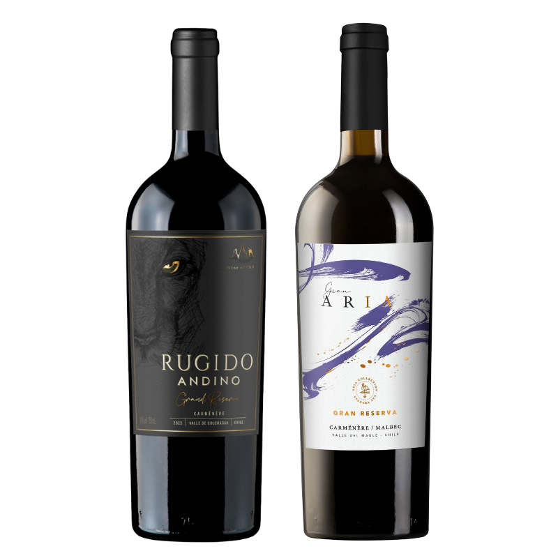 Pack Primera copa: Vino Rugido Andino Carmenere + Vino Gran Aria Carmenere-Malbec 750cc