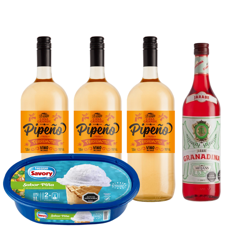 Pack Terremoto x3 Vino Pipeño 1.5lt + Jarabe de Granadina 900cc + Helado de Piña Savory 1Lt