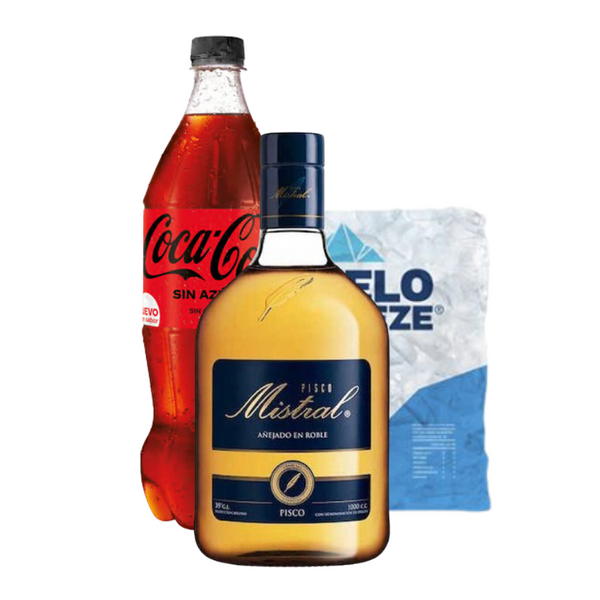 Pisco Mistral 750cc + Bebida 1.5L + Hielo 1kg