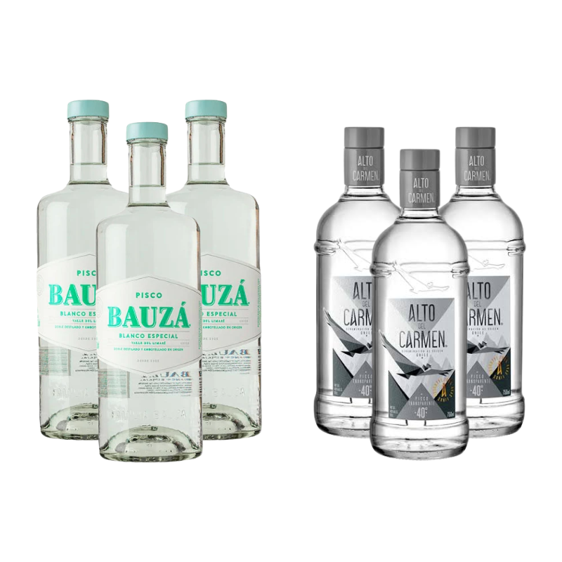Pack Chileno: 3x Pisco Alto del Carmen 40° Transparente 750cc + 3x Pisco Bauza 35° Blanco 1L