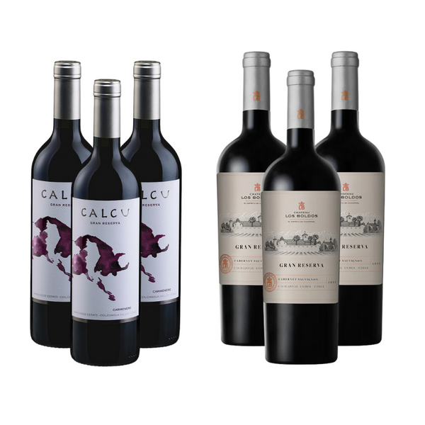 Pack 3 Vinos Calcu Gran Reserva Carmenere + 3 Vinos Chateau los Boldos Gran Reserva Cabernet Sauvignon ($4.990 c/u)