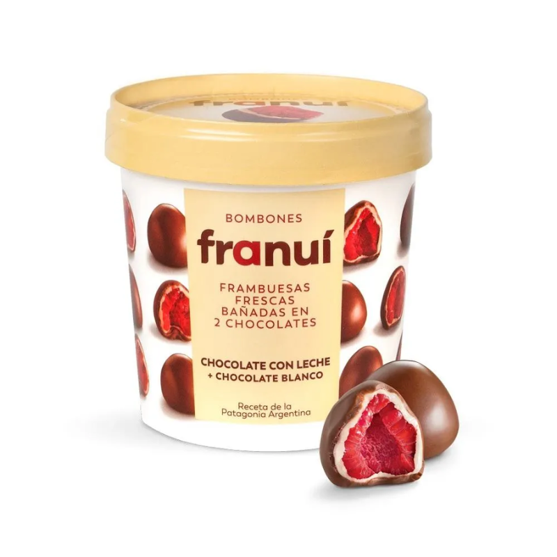 Bombones Franui Frambesa Bañada en Chocolate con Leche y Blanco 150g