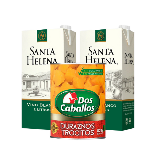 Pack "Vino con Durazno": 2x Vino Blanco Santa Helena 2L + Durazno en conserva Dos Caballos Cubitos 820gr